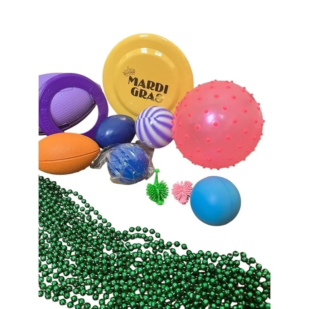 Mardi Gras Parade Throw Party Favor Bundle Beads Footballs Frisbee Balls Lot